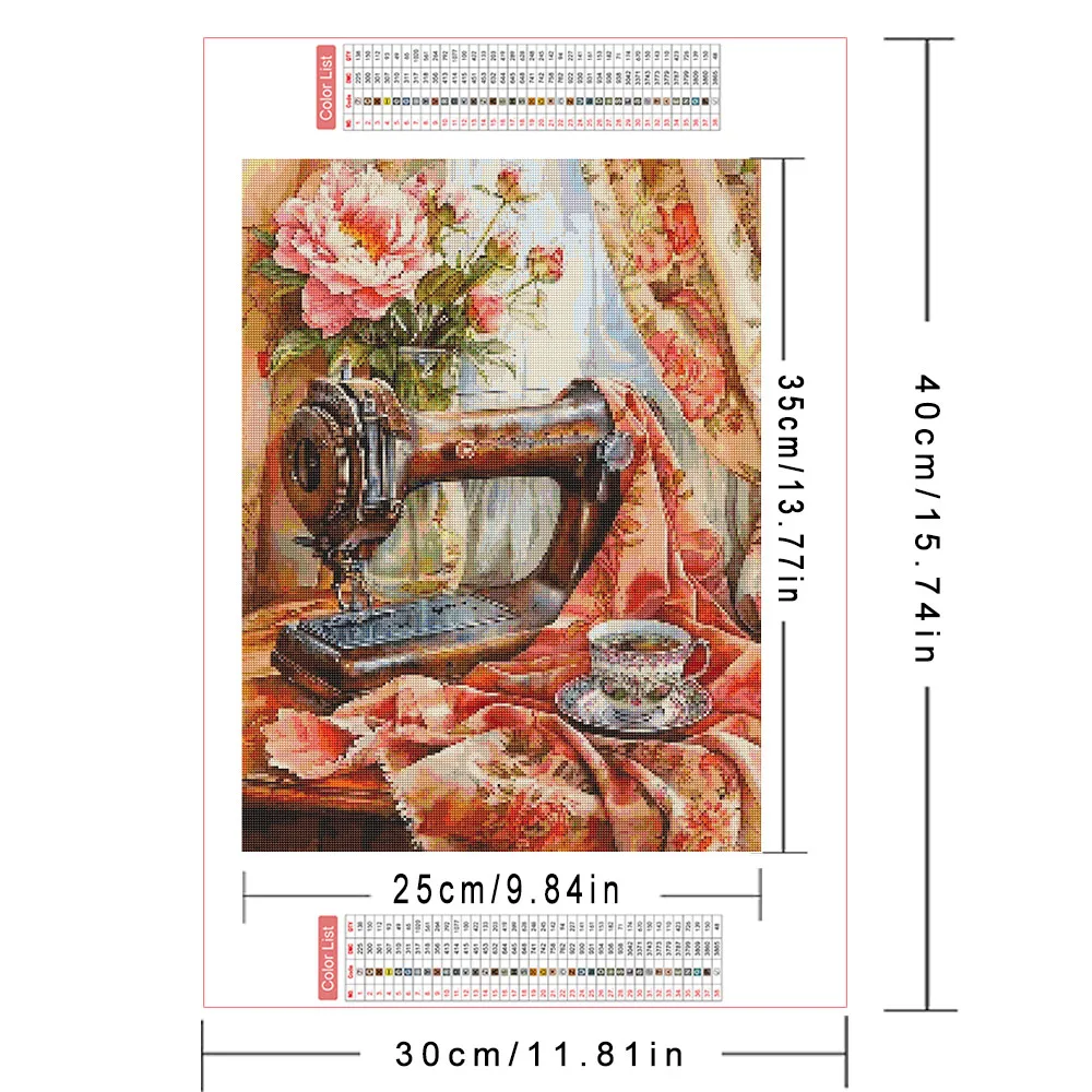 AZQSD Diamond Mosaic Kits Sewing Machine Landscape For Adults Cross Stitch Hobby Creative Painting Complete Kit Rose Flower