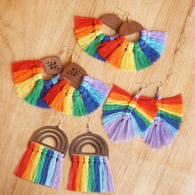 European and American Fashion Wooden Wood Rainbow Tassel Hand-woven Earrings Baroque Color Personality Large Jewelry