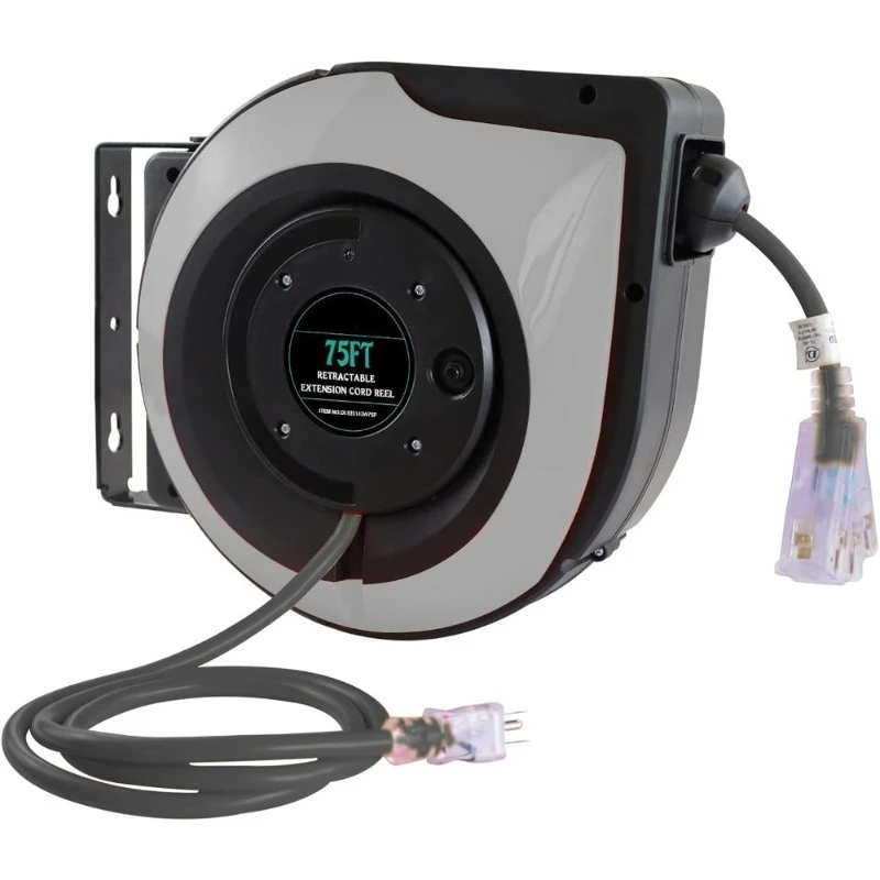

Retractable Extension Cord Reel 75ft 14AWG Heavy Duty SJTOW 3C Indoor Outdoor Use with Lighted Outlets