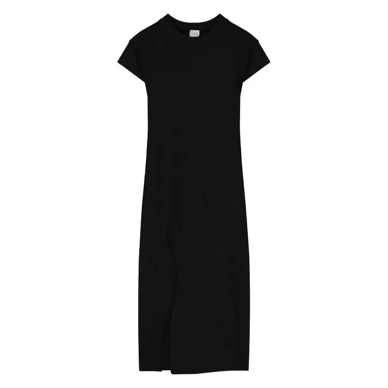 ชุดเดรสเสื้อยืดแขนสั้นสาวเครื่องเทศเซ็กซี่ 2025 ฤดูร้อนกระโปรงยาวผู้หญิงแยกสีดํา