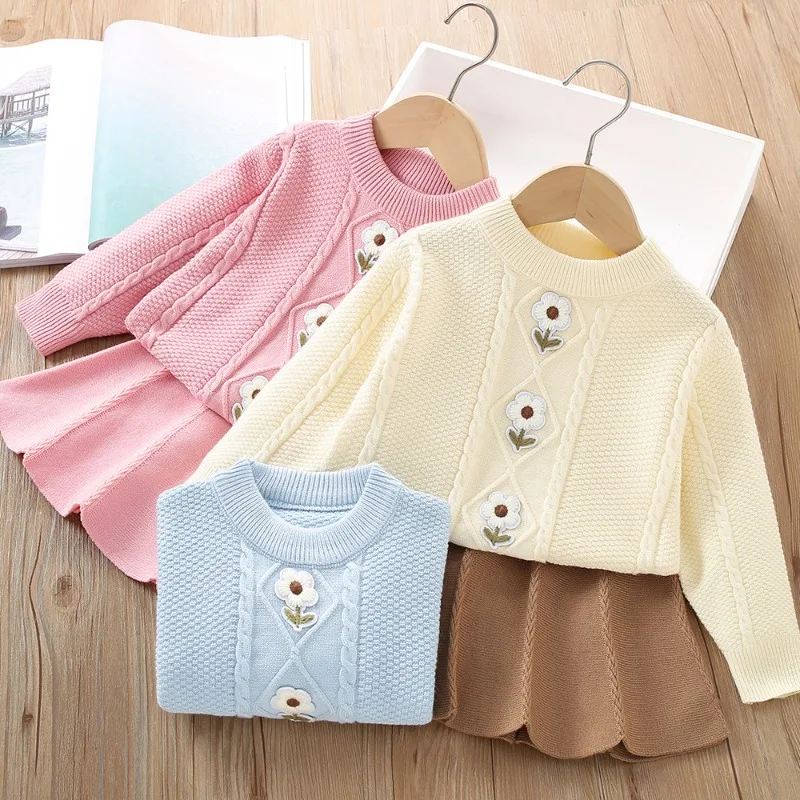 

Girls Sweaters Sets Autumn Knitted Flower Pullover Tops+Skirt Princess Children Suits Kids Clothing Two Piece Set 2 3 4 5 6Yrs