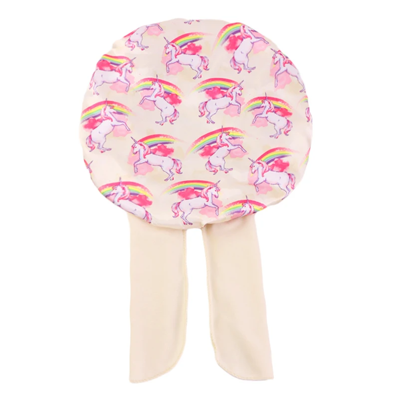 New Kids Unicorn Pattern Satin Bonnet Wide Elastic Band Sleeping Cap for Curly Natural Hair Child Night Caps Toddler Shower Cap