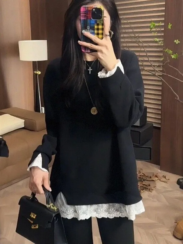 

Женская футболка средней длины с кружевом размера плюс Base irt Artistic Sle Long Sve round Ne Thiened Повседневная одежда