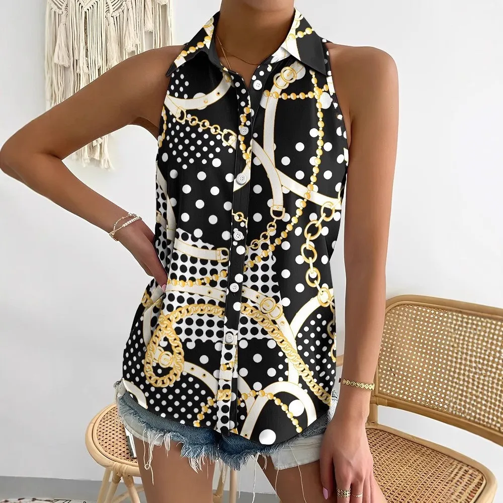 

2025 European And American Summer Casual Fashion Off-the-shoulder Sleeveless Abstract Print Women's Shirt Women Casual Shirt