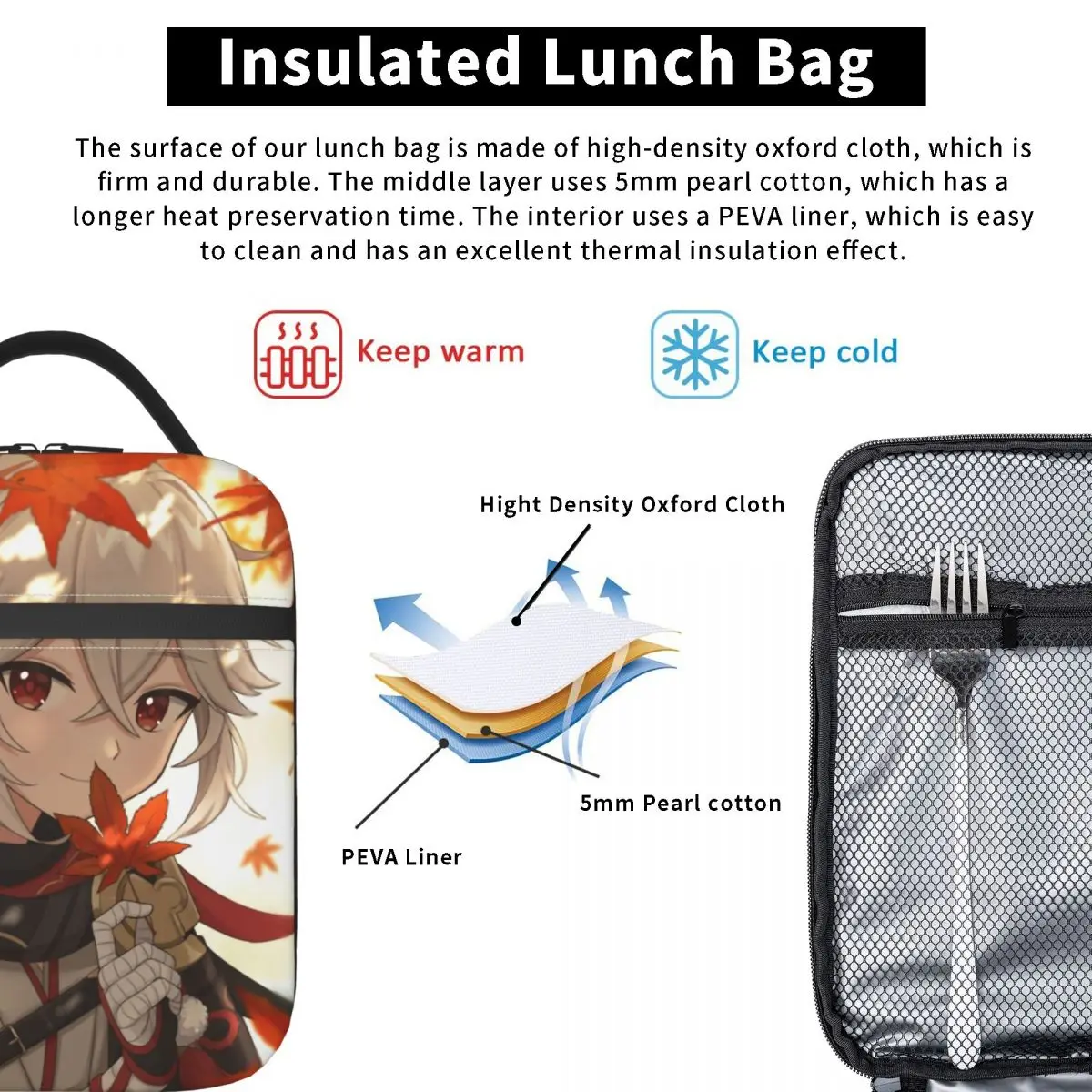 Genshin Impact Fall Kazuha Insulated Lunch Bag for Women Resuable Anime Game Cooler Thermal Lunch Box Kids School Children