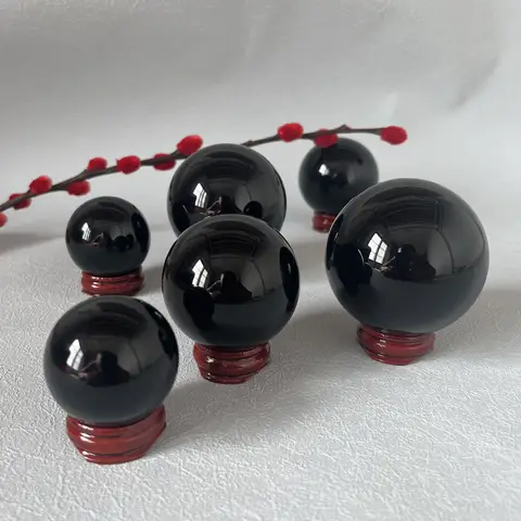 Natural Black Obsidian Sphere Crystal Quartz Ball Magic Healing Reiki Rock Stone Home Decor Collectible With Base
