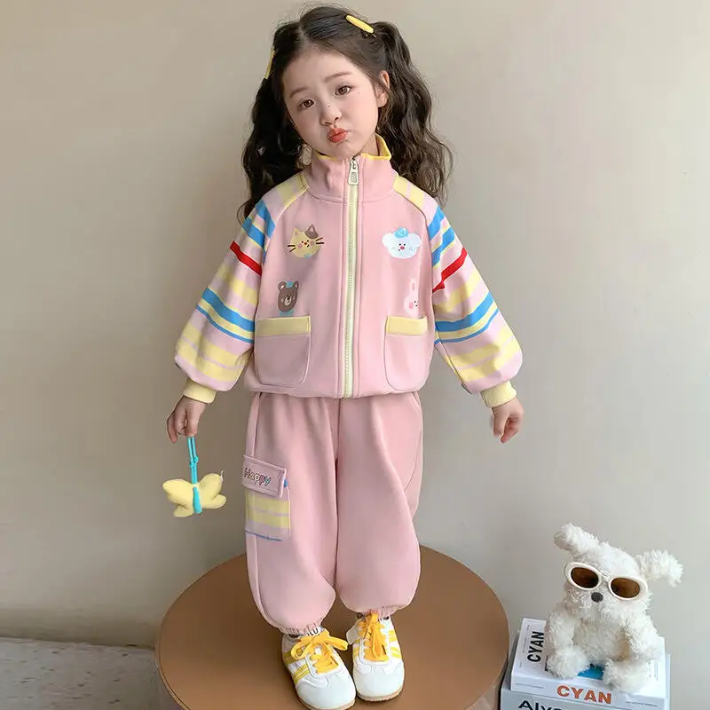 

Kawaii Girl Pullover Pants Set Student Spring and Autumn Casual Cartoon Zipper Tops Long Pants 2-Piece Set Children's Clothing
