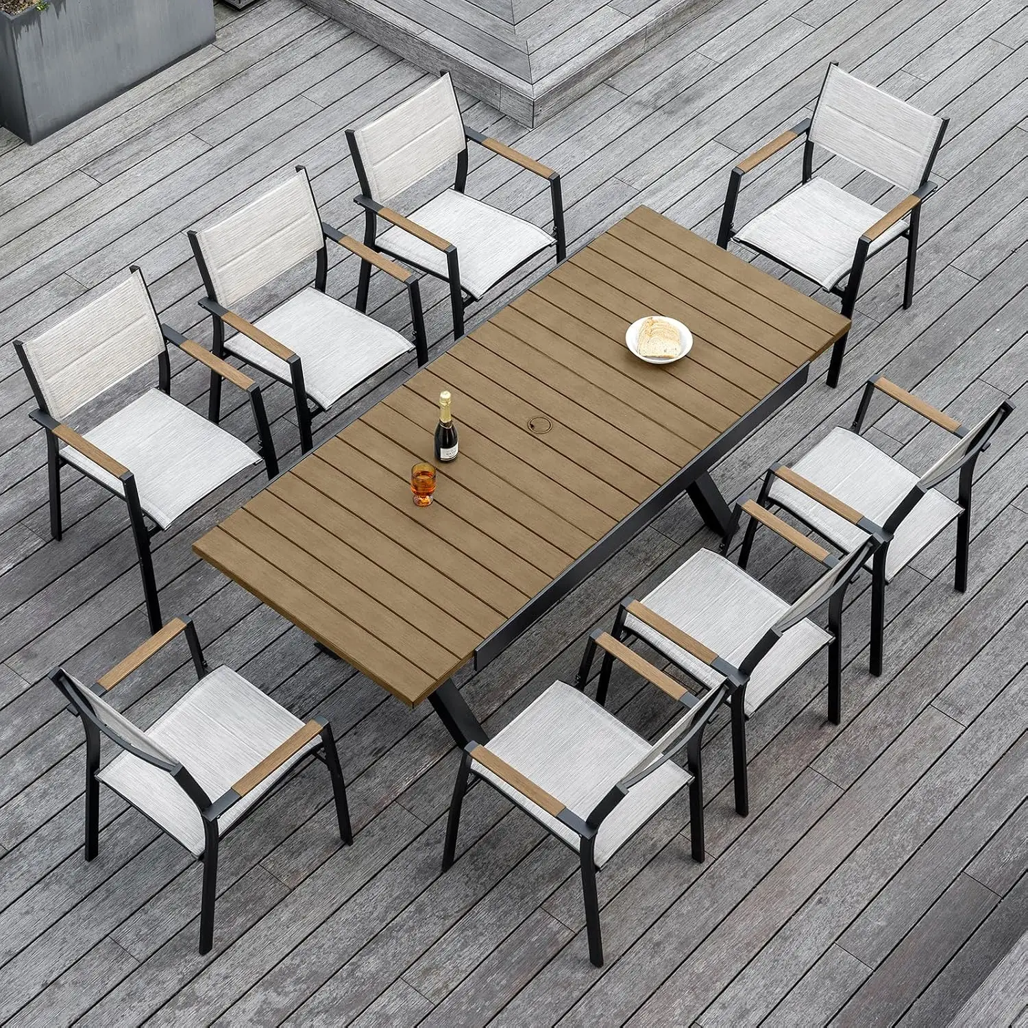 Teak Expandable Outdoor Dining Table 8-Seater Anti-Rust Aluminum 63''-83'' X-Shape Extendable Table Umbrella Hole , Customized