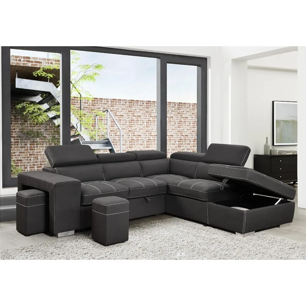 

Sectional Sleeper Sofa with Pull-Out Bed, Chaise & Storage Ottoman 5 Seater L-Shaped Couch with Adjustable Headrest and Stools