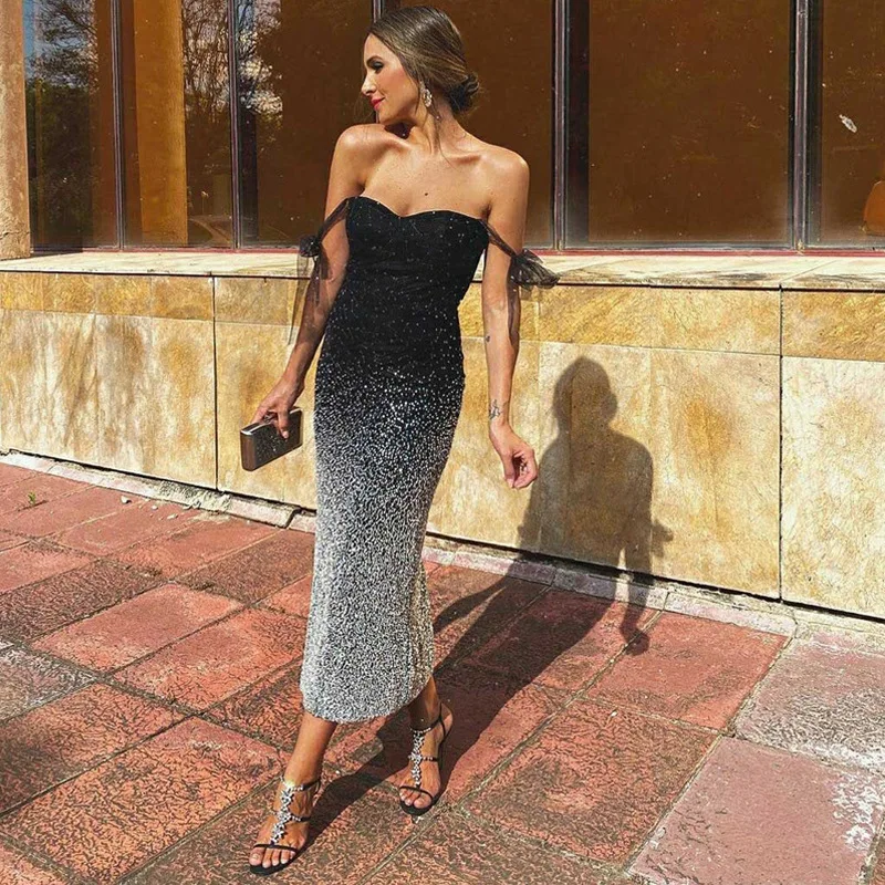 

SKMY Dress Shiny Evening New European and American Women's Wear New Product Off Shoulder Slim Fit Wrap Hip Pencil Skirt 2023