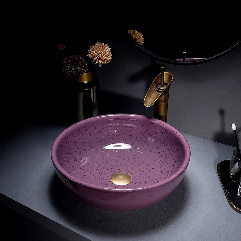 

Above Counter Basin Creative Purple Simple Bathroom Round Washbasin Lavatory Brass Faucet With Drain 2012