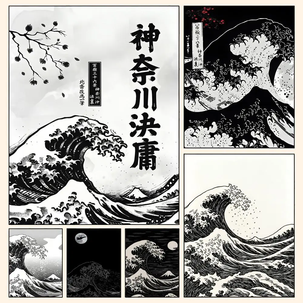 Black and WhiteThe Great Wave off Kanagawa Poster Waterproof HD Modern Peel And Stick Wall Decor Living Room Dorm Garage