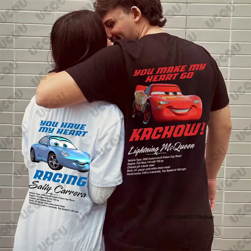 

2026 Summer New Lightning Mcqueen and Sally Print Couples T-shirt For Women Men Short Sleeve Cotton O-neck Tees Casual Tops