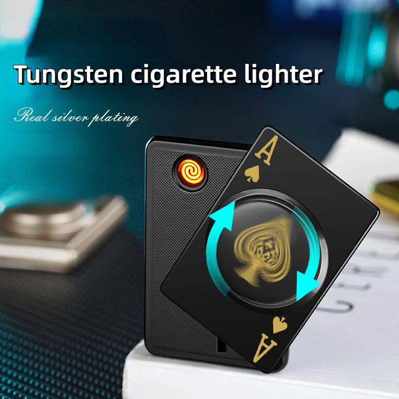 

Creative New Product Decompression Rotating Poker Windproof Lighter Metal USB Charging Electronic Men's Gift Cigarette Lighter