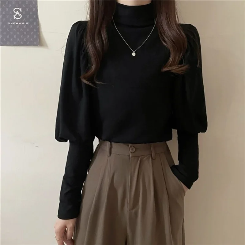 Vintage Half High Neck Loose T Shirt Tops Autumn Winter Long Sleeve Solid All-match Bottoming Shirt Fashion Casual Women Clothes