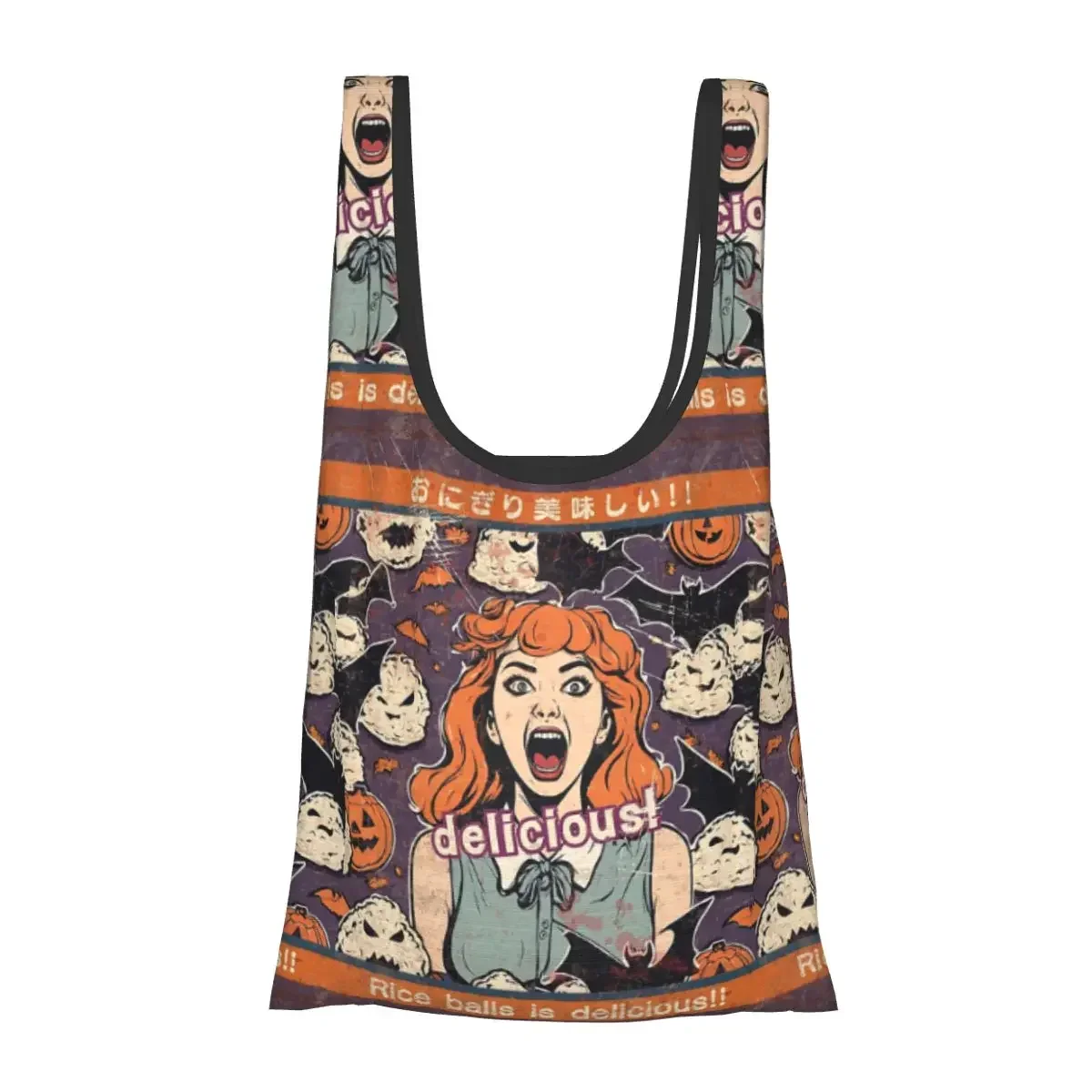 Rice Balls Is Delicious! Halloween Girl Version Portable Tote Shopping Bags Foldable Shopper Bag Groceries Handbag Shoulder Bag