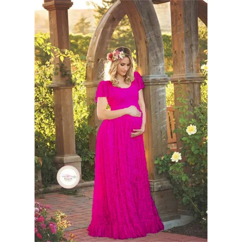 Neue Mode Damen Spitze Nähte Mutterschaft Rüschen Fotografie Kurzarm Rundhals Kleid Kleider für Fotoshooting