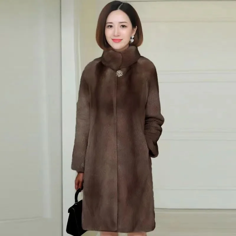 2023 Women Autumn Winter Mink Fleece Coat Imitation Fur Coat Female Mid length Standing Collar Thick Women Korean sheep shearing