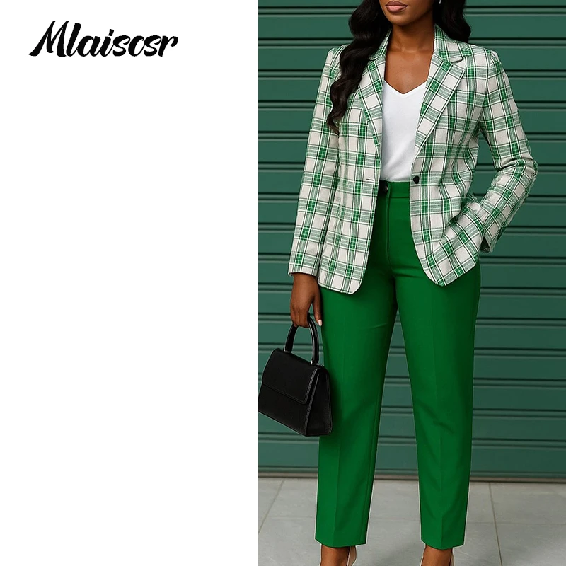 Mlaiscsr Abiti blazer africani per donna Giacca cappotto a maniche lunghe con stampa a griglia Top e pantaloni a gamba dritta Set da 2 pezzi Office Spring