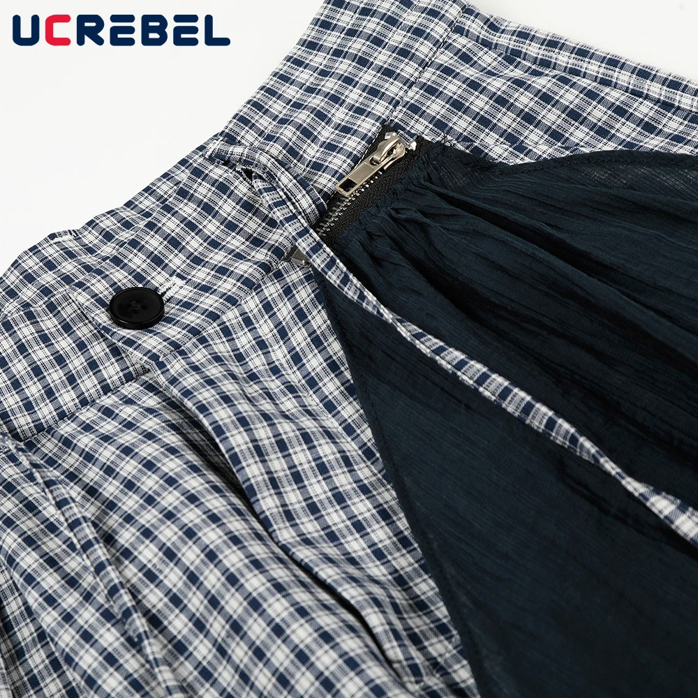 Plaid Casual Pants Mens Hip Hop Streetwear Straight Baggy Drawstring Elastic Waist Wide Leg Trousers Man