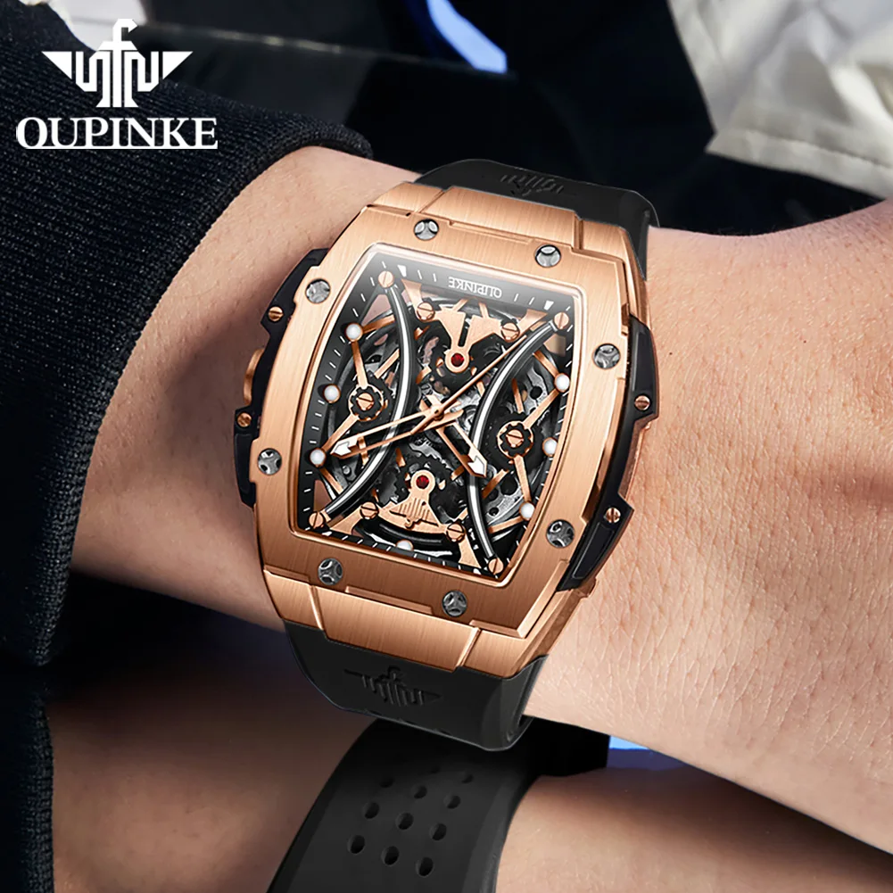 OUPINKE 3215 Men\'s Watches Top Luxury Skeleton Automatic Mechanical Wristwatch for Men Fashion Tonneau Silicone Strap Men Watch