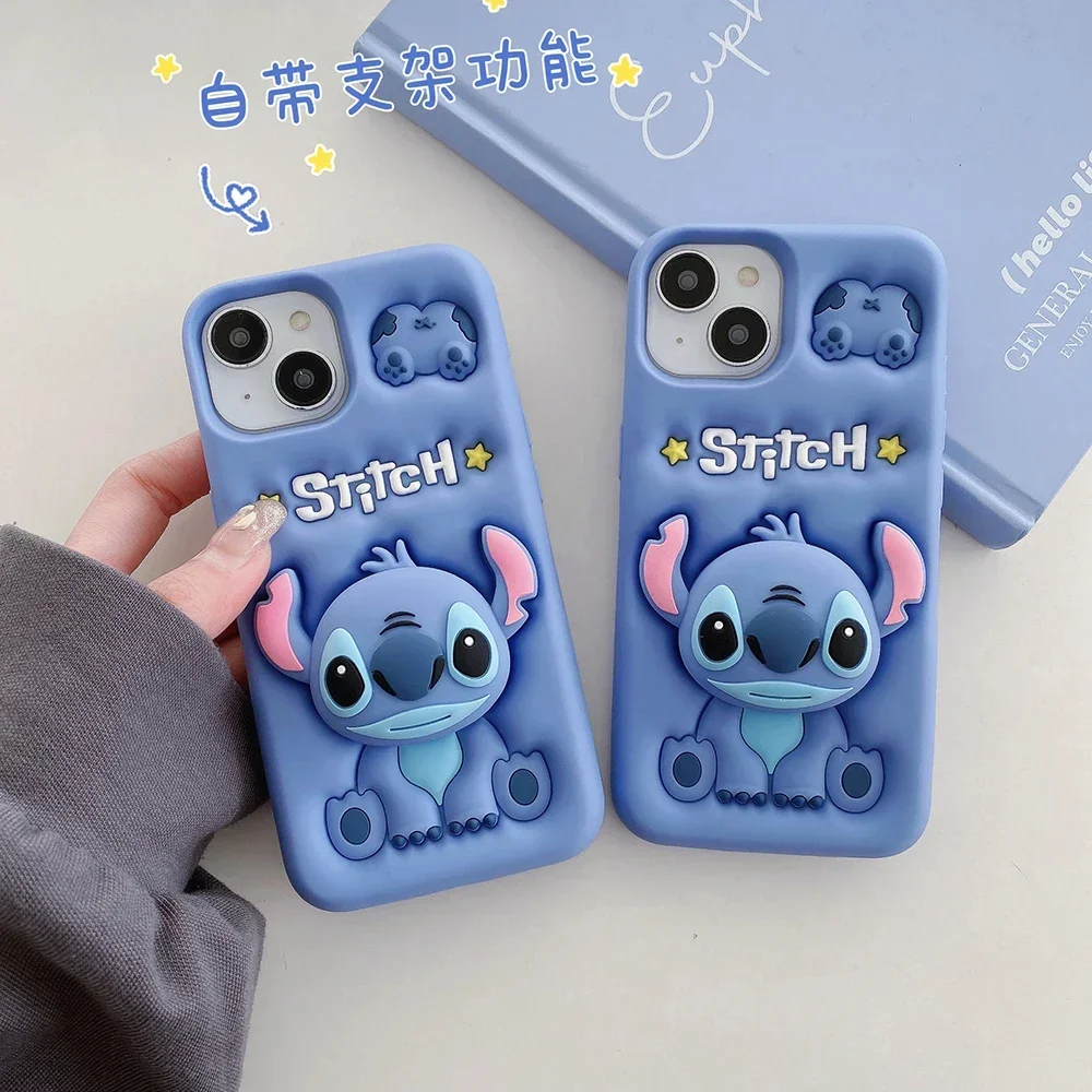 

3D Cute Cartoon Disney Stitch With Bracket Stereoscopic Phone Case for IPhone 15 14 13 12 11 Pro Max Anti-fall Back Cover Funda