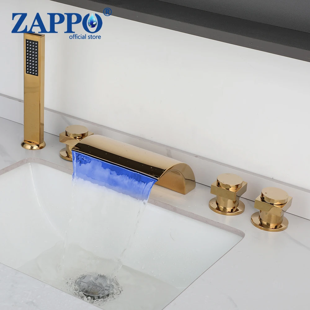 

ZAPPO Roman Tub Filler Waterfall Tub Faucet LED Gold Deck Mount Bathtub Faucets Brass Bathroom Faucets with Handheld Shower