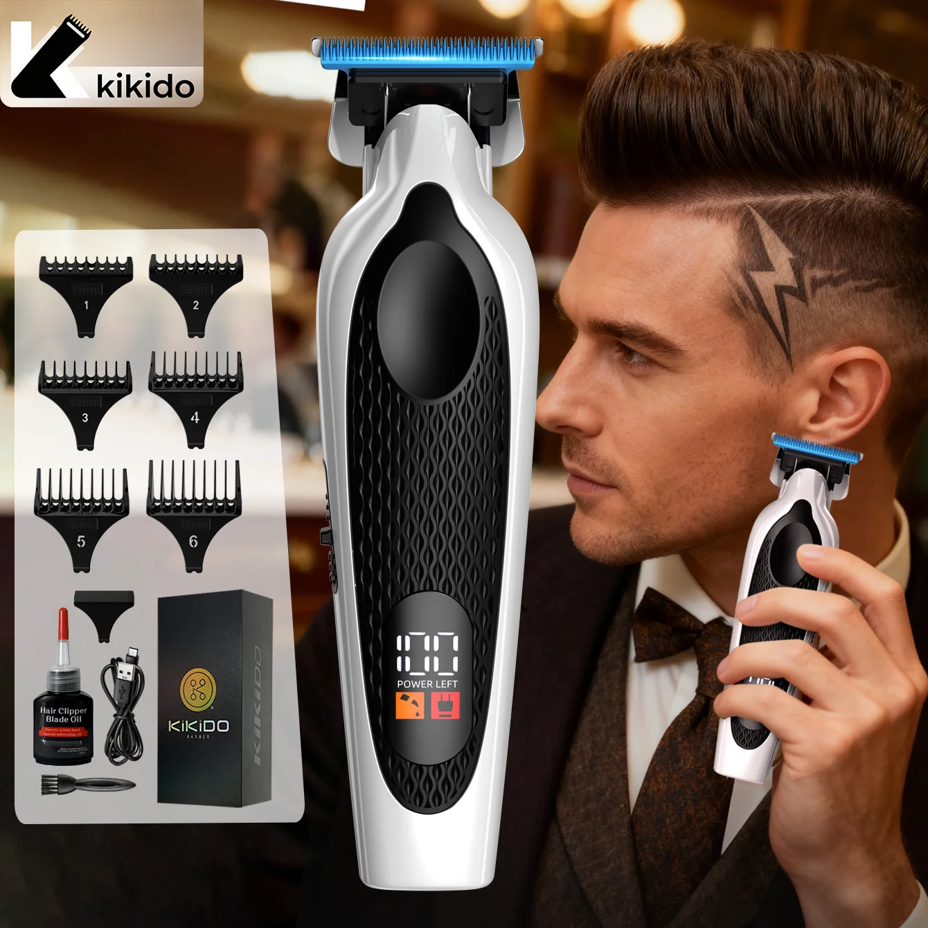 

KiKiDO Professional Hair Clipper for Men USB Rechargeable Electric Hair Trimmer LED Display Beard Trimmer T-Blade Haircut Set
