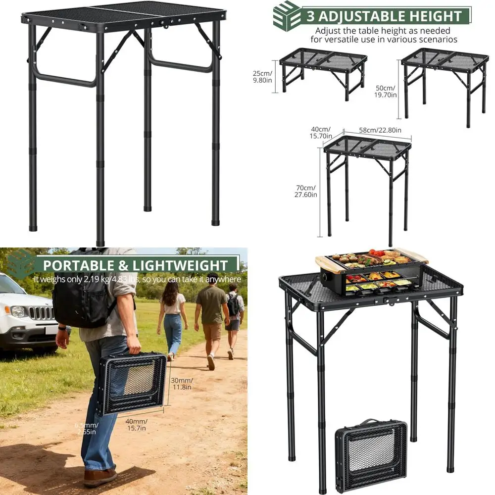 

Портативный 2-уровневый стол-гриль с 3 регулировками высоты, максимальная высота 27,6 дюйма, термостойкий, для кемпинга и использования на террасе, легкий, с ручкой.