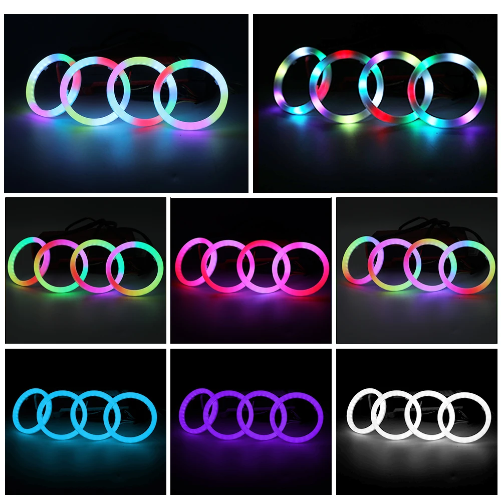 4 in 1 Car RGB Haro Ring Angel Eyes Dynamic with Turn Signal 60mm 70mm 80mm 90mm 100mm DRL Led Headlights Projector APP Control