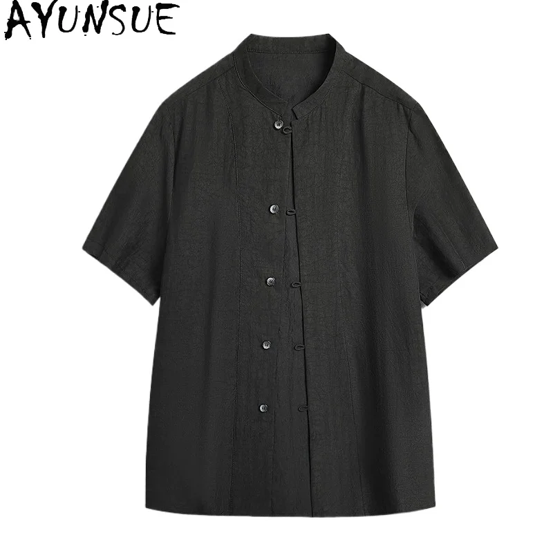 

AYUNSUE 100% Real Mulberry Silk Shirts for Man High Quality Short Sleeve Tee Shirt 2026 Summer Top Stand Collar Luxury Shirt