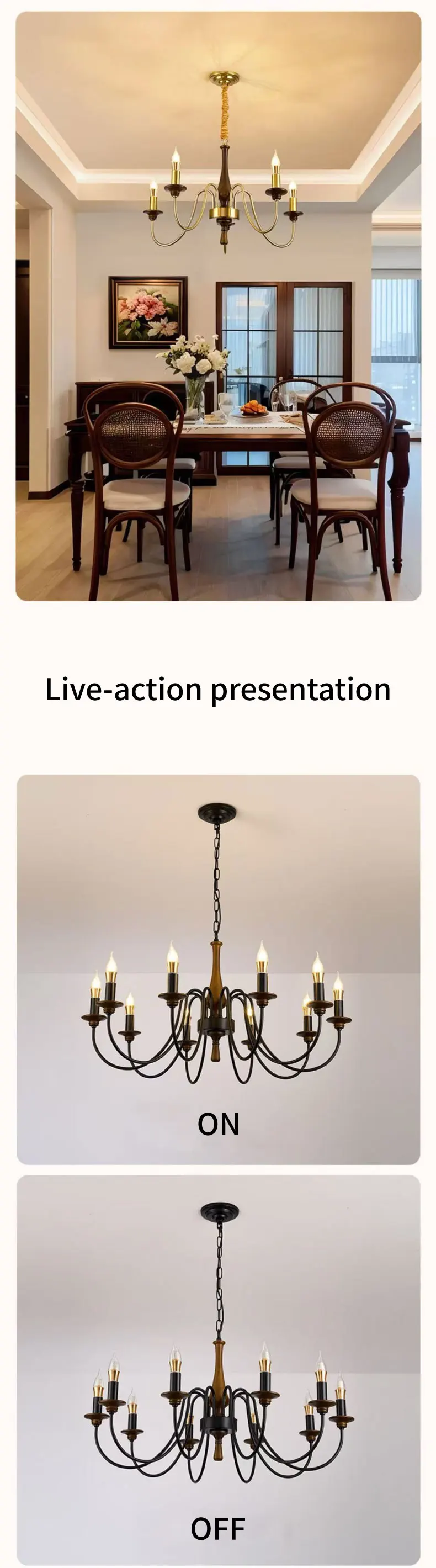American Retro Candle Chandelier Living Room Solid Wood Iorn