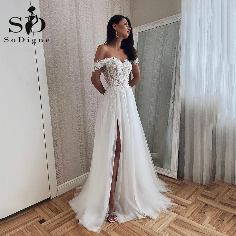 

SoDigne Vintage Wedding Dresses Lace Appliques Off The Shoulder Beach Corset Bridal Dress For Women Side Split Robe De mariee