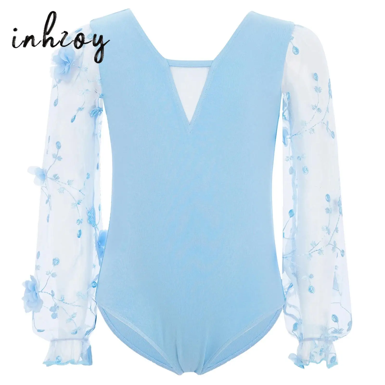 Crianças meninas ballet dança collant com decote em v flores bordado pura malha mangas compridas puff dança collant profissional ballet traje