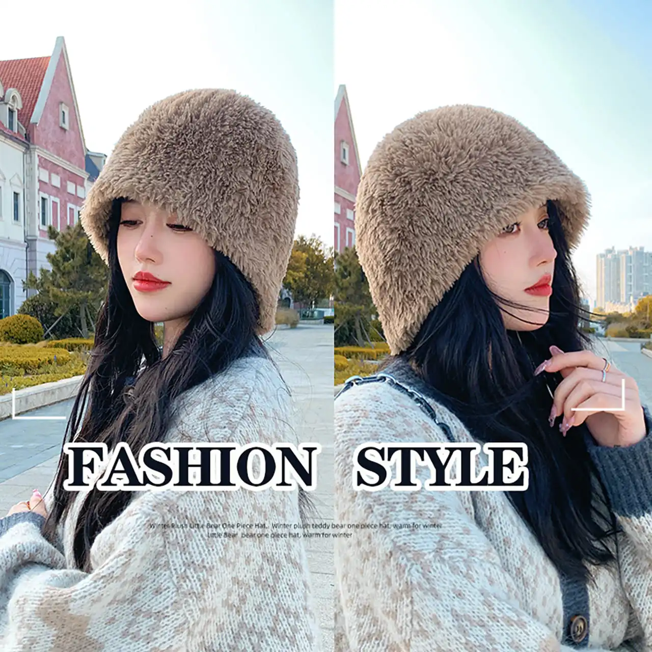 قبعة دلو شتوية من القطيفة للنساء سميكة ودافئة من الفرو المنفوش قبعة صياد كورية بلون سادة مريحة بنما #3