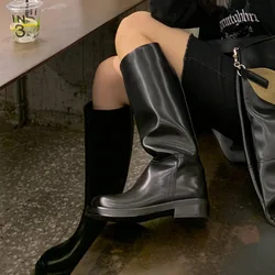 Arden Furtado 2024 Round toe Platform Cowhide Riding boots Large tubular boots Middle heel Slip-on Simple style Women's Boots