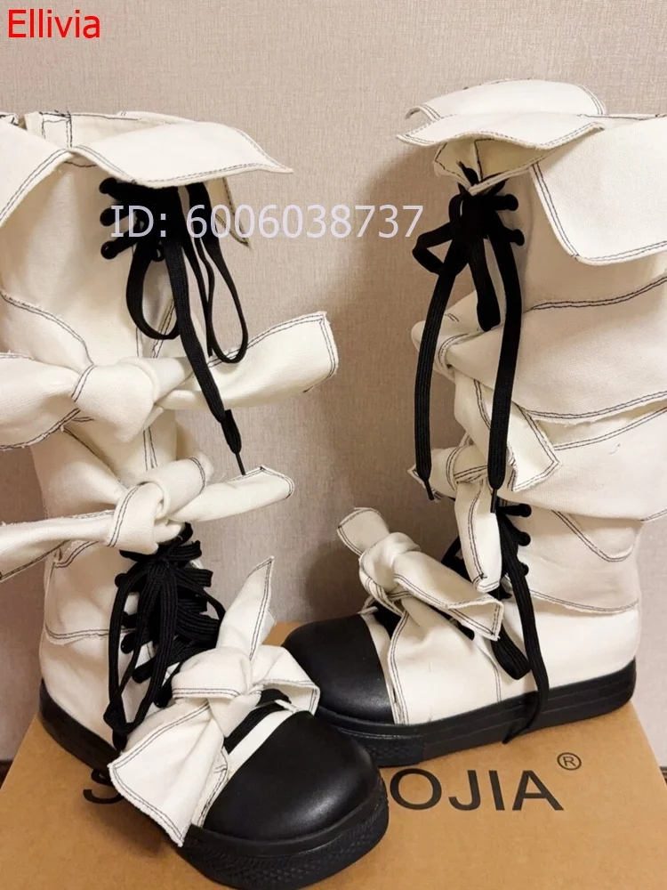 Women Multi Bow Decor Knee High Boots Contrast Color Lace Up Platform Long Boots Round Toe  Fashion Street Style Boots For Daily