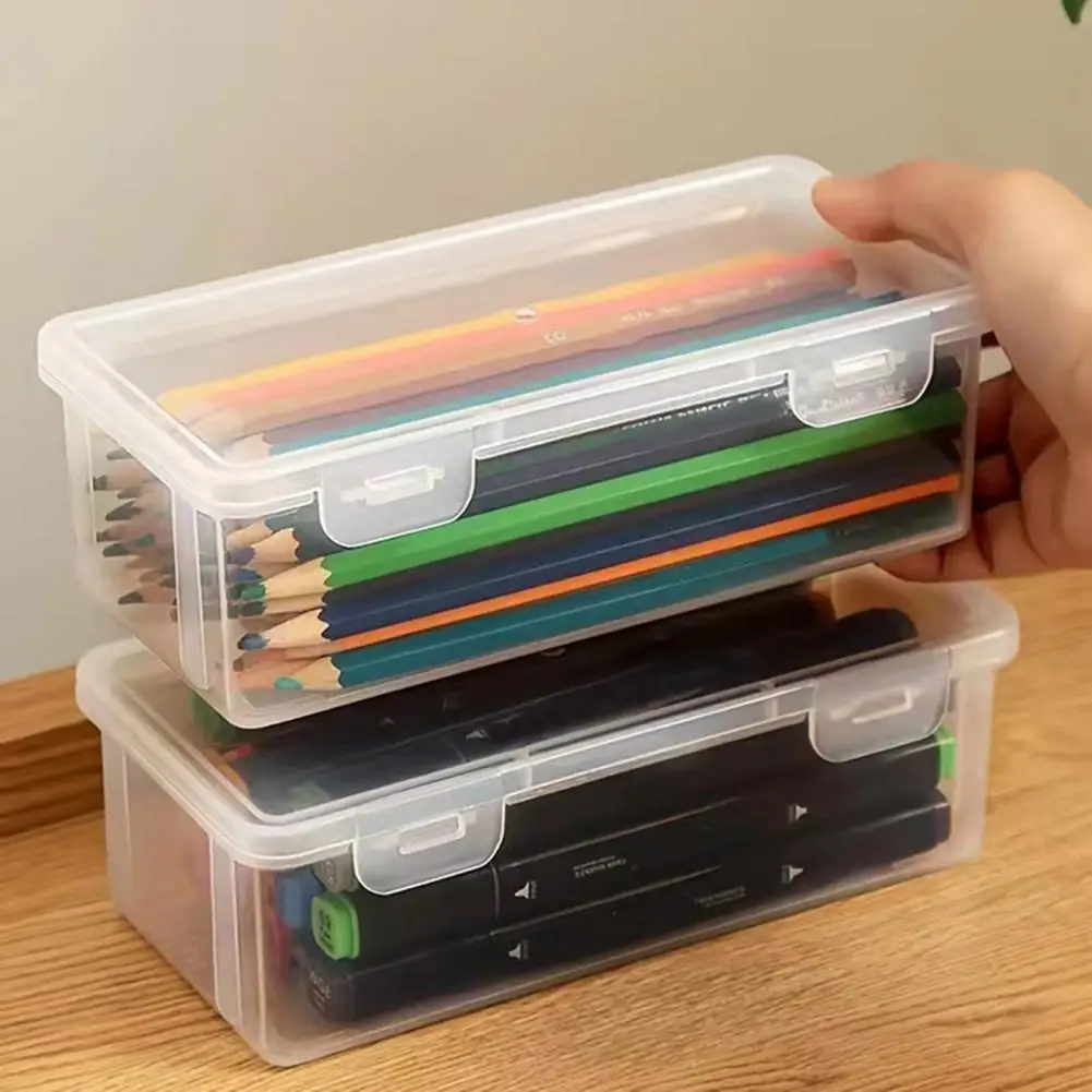 Stackable Pencil Storage Box Transparent Stationery Storage Box Pen Holder Simple Clear Student Desktop Snap-on Lid Pen Case