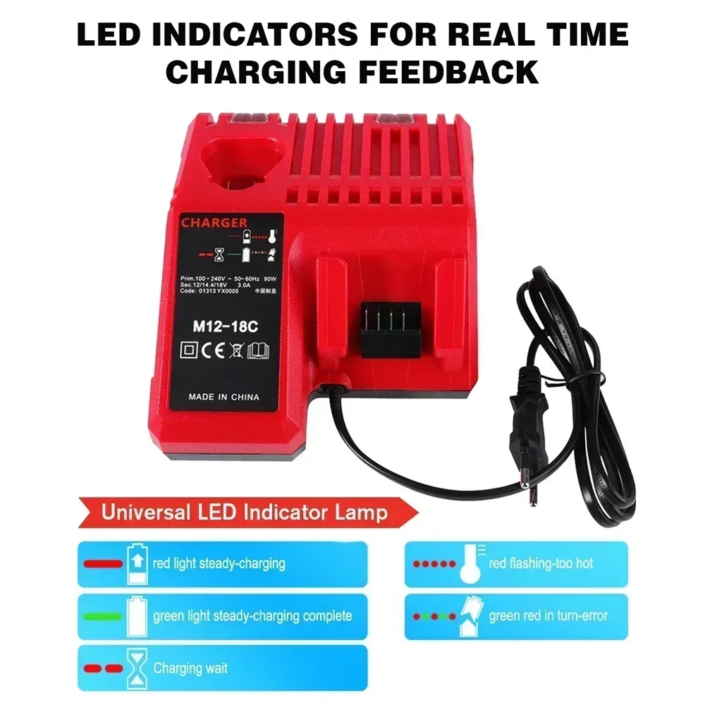 

Replace 3A M12 M18 12V 14V 18V Rapid Fast Li-Ion Charger Fit For Milwaukee M12-18C Dual Port Multi-Voltage Lithium-Ion Battery