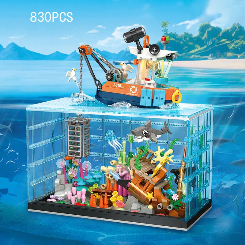 

iDea Fishbowl Building Block Diving Adventure Fish Tank Model Playset Assembly Bricks Toys With Light Collection For Gifts
