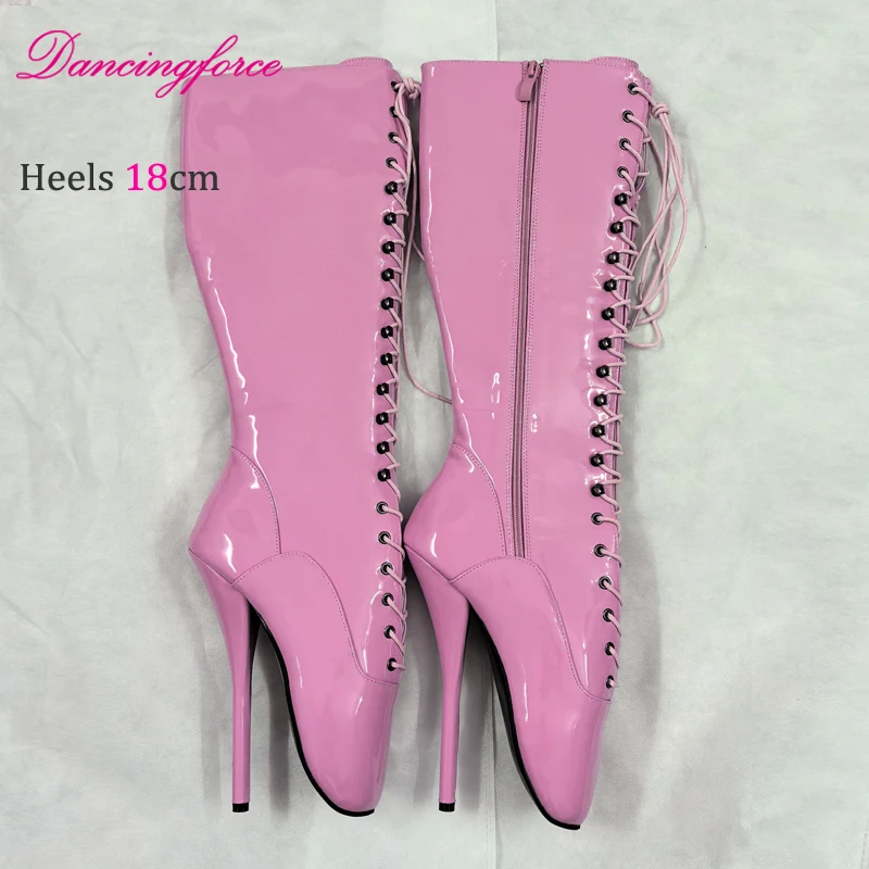Dancingforce Stiletto Black Patent 18cm Sexy Fetish Ballet Shoes Extreme High Heel Women Knee High Ballet Boots Lace Up