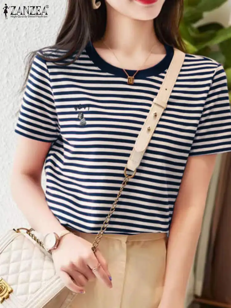 

ZANZEA Women Loose T-shirts Casual Commute Short Sleeve Korean Fashion Tunic Tops Color Block Striped O Neck 2024 Summer Blouses