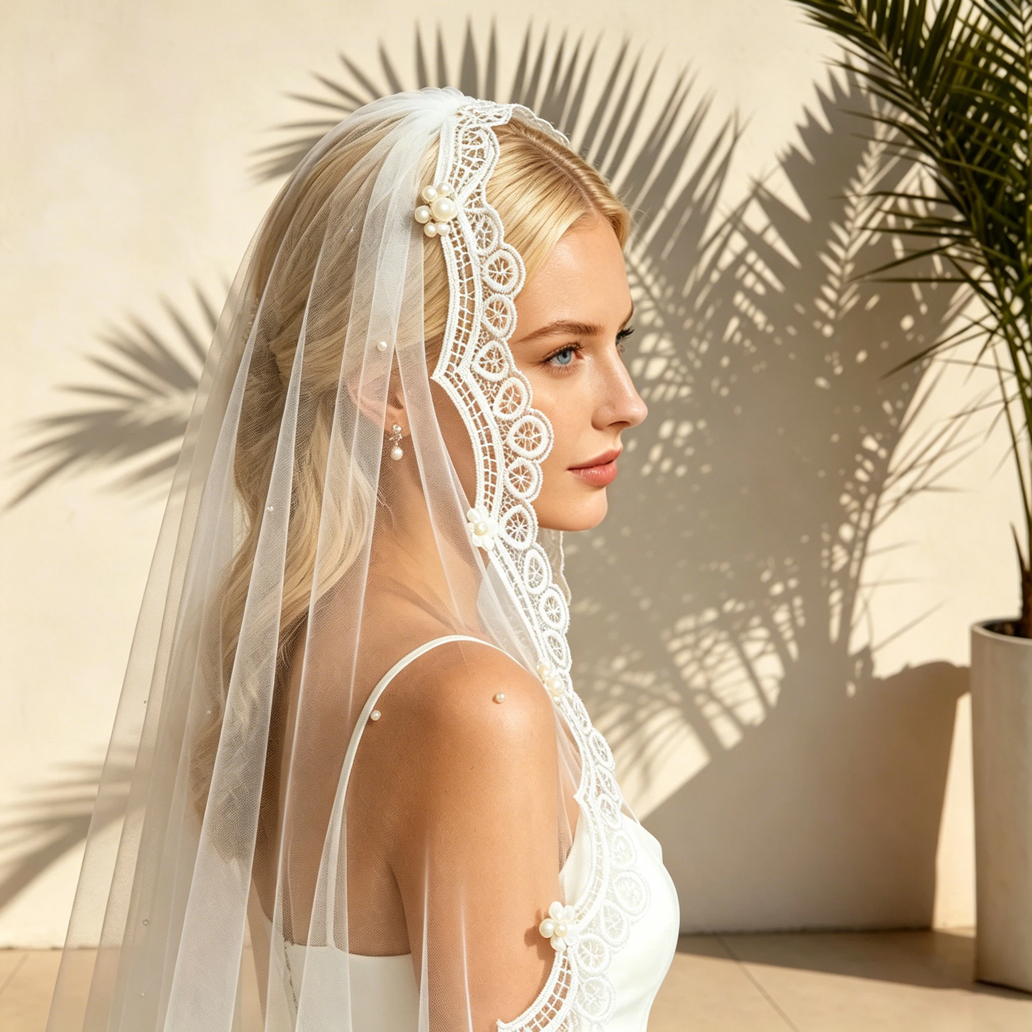 

Vintage Lace Edge Bridal Veil Pearl/Flower Embellished Wedding Veil Fingertip Length Soft Tulle Wedding Accessory with Comb G179
