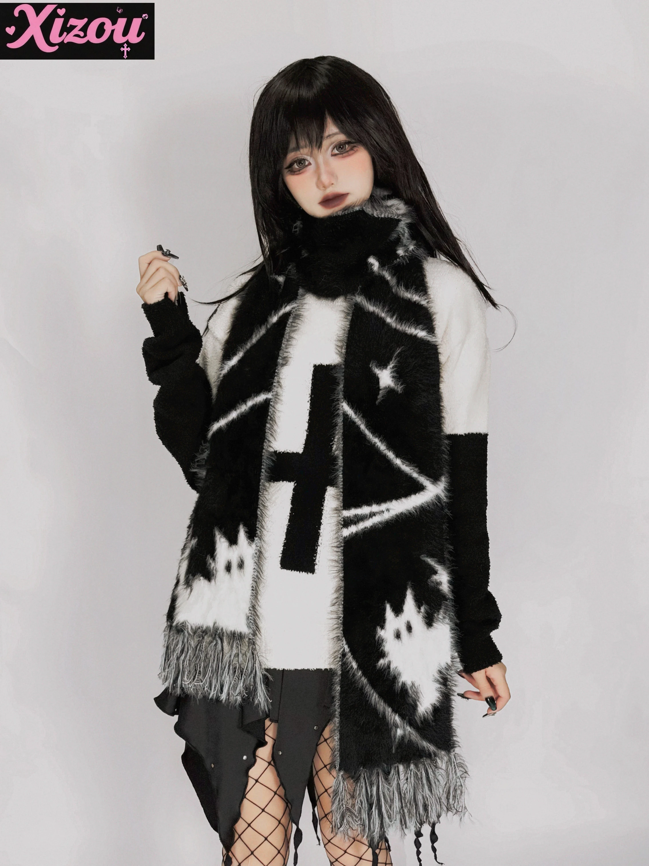 

Japanese subculture y2k fried hair cartoon cat scarfs original Yameng warm scarf double-sided knitted long winter neutral wind