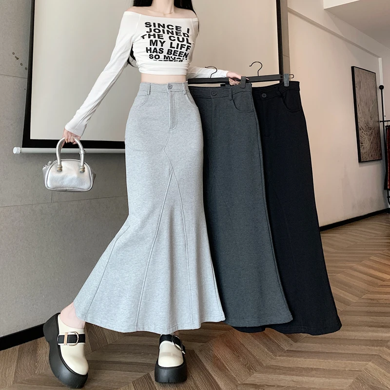 

Knitting Skirts For Women Fashion High Waist Slim Trumpet Mermaid Skirts Office Ladies Casual Elegant Ankle Length Long Skirt