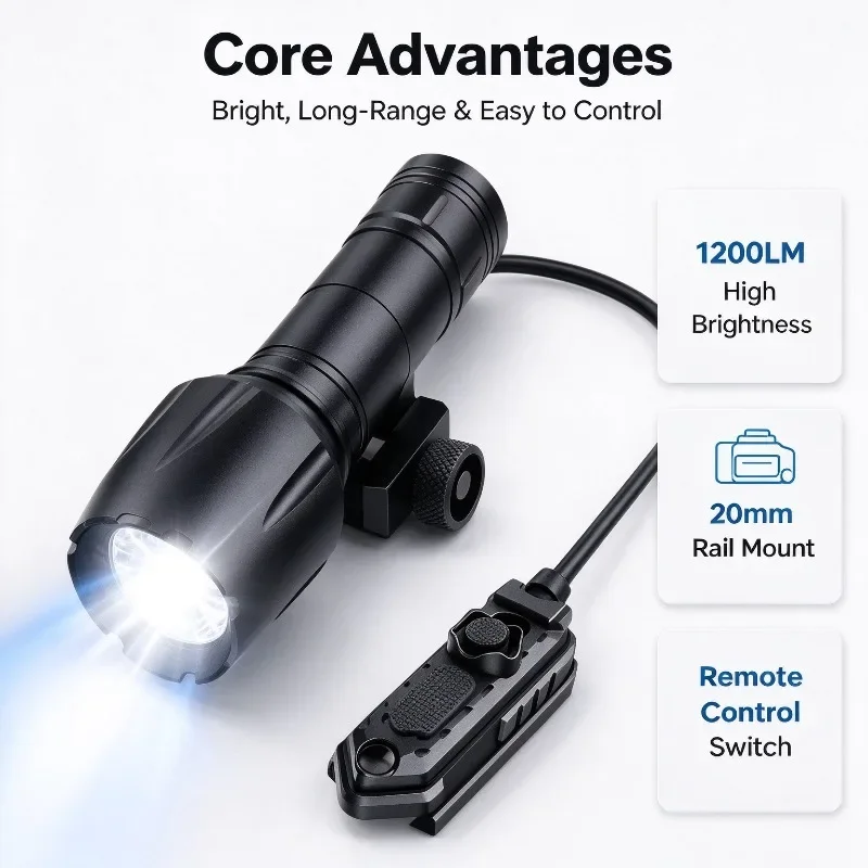 20mm Rail Mounted LED Torch 1200 Lumen Flash Lighting Flashlight Long Range with Remote Control Switch for Outdoor Activity