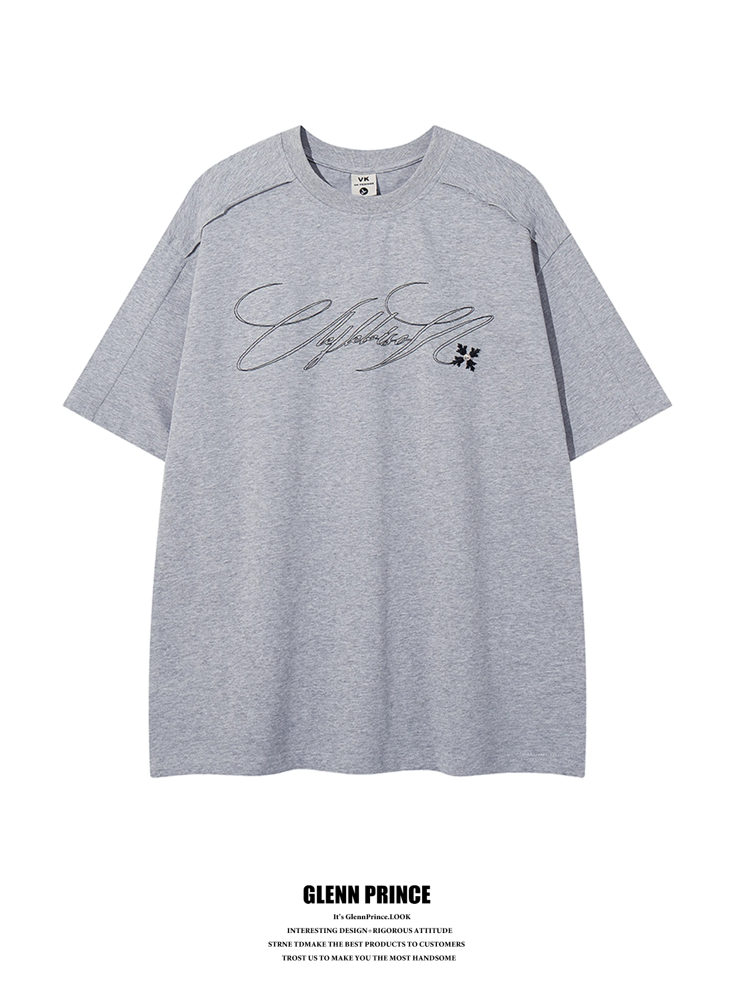 

Retro Ins Trendy Brand Floral Script Embroidery Shoulder Line Men's T-Shirt Summer 2026 New High-End Short Sleeve Casual Wear
