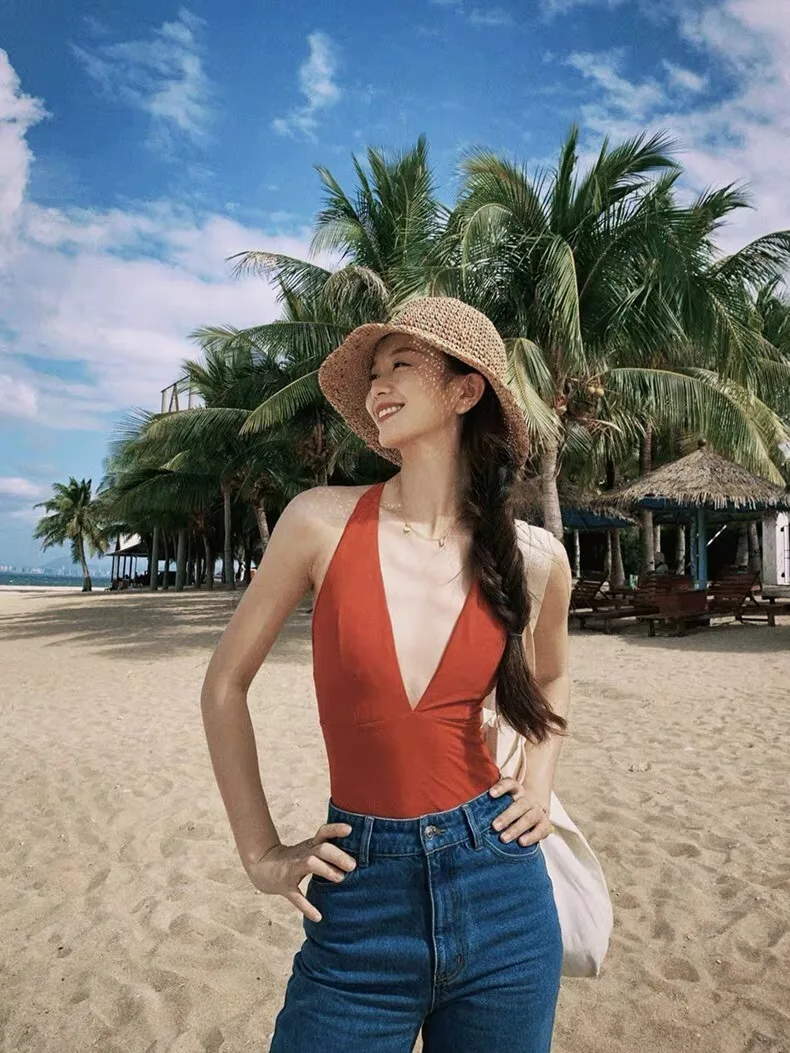 

Женский купальник с глубоким V-образным вырезом в стиле ретро, сексуальный, пикантный, с глубоким V-образным вырезом, утягивающий, скрывающий недостатки фигуры, для горячих источников и отпуска