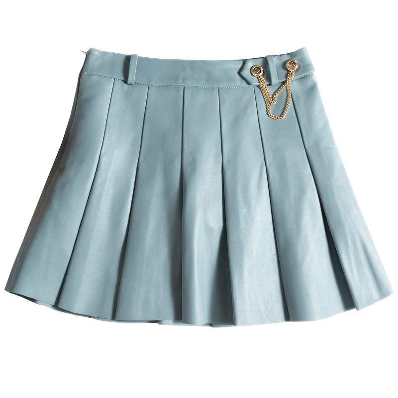 Lambskin Mini Pleated Skirt Women Playful College Style Japanese Korean Chic Hot Girl Golden Chain Short Jupe Blue White Saias