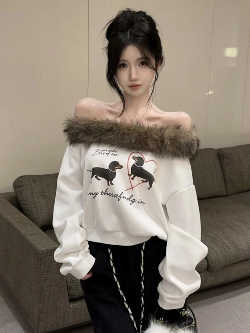 American Sle Hot Girl Dog Print Assimétrico oulder Bared Sweatshirt Feminino Outono Inverno Design Gola de Pele Destacável S...